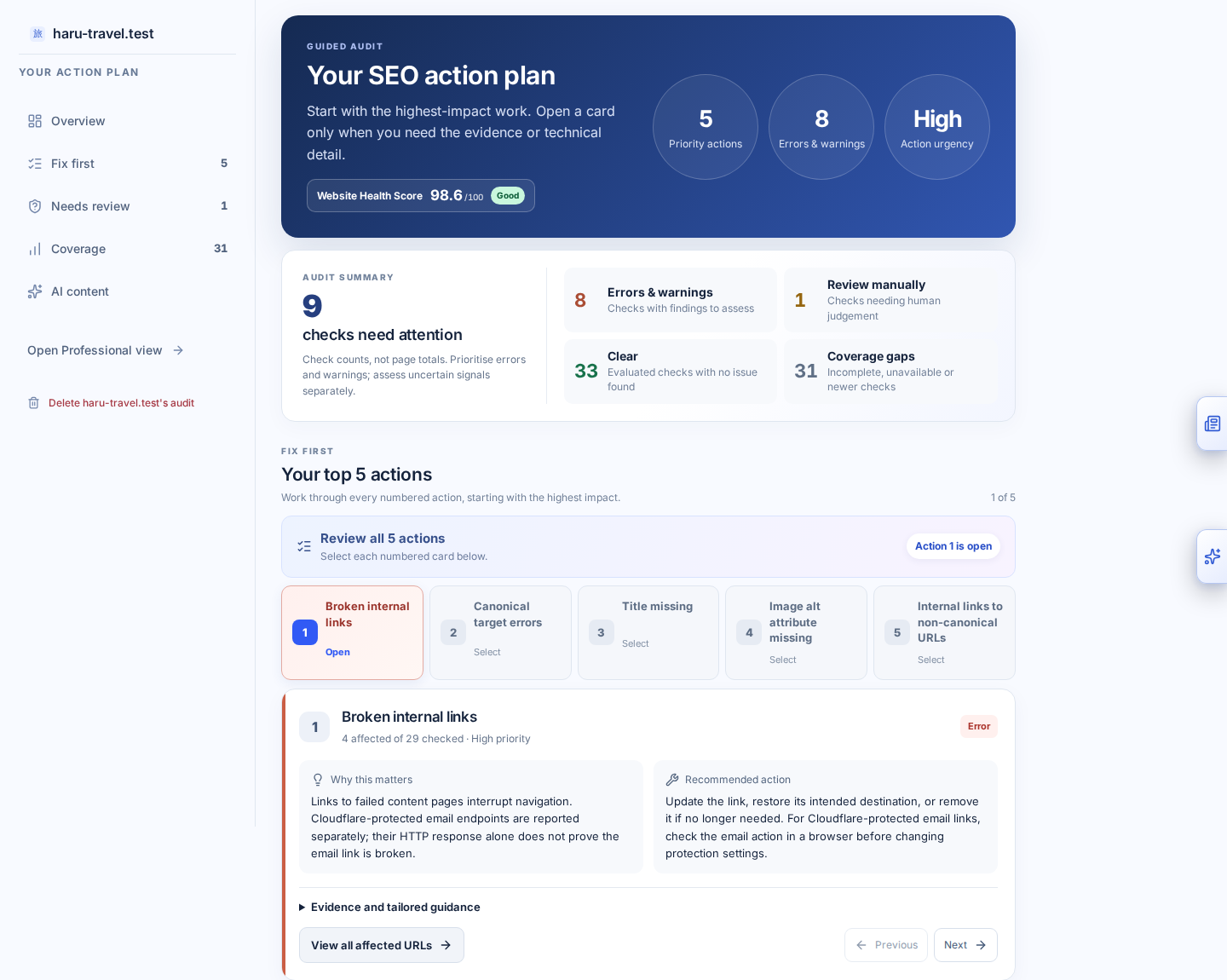 Example of the DeepSpider Guided audit view with demonstration data