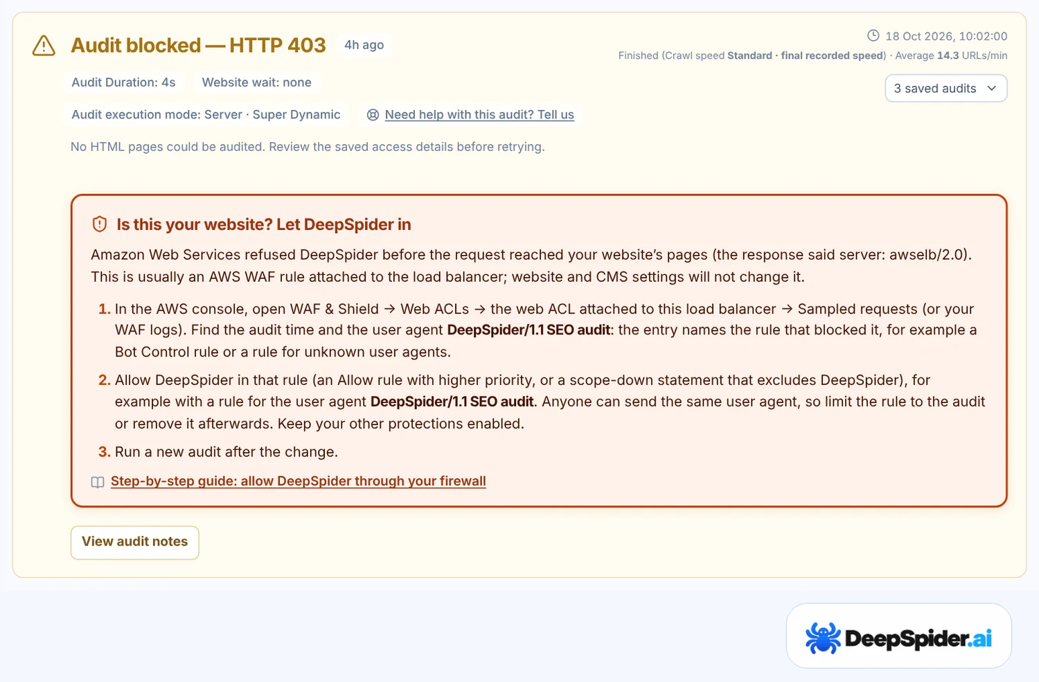 Audit blocked — HTTP 403, with the box Is this your website? Let DeepSpider in: Amazon Web Services refused DeepSpider, steps in the AWS console and a link to this guide