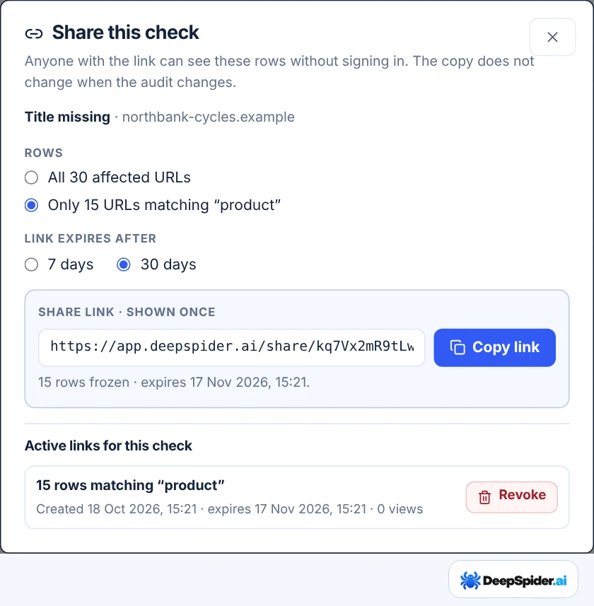 Share this check window for Title missing: rows All 30 affected URLs or Only 15 URLs matching product, link expiry 7 or 30 days, the share link shown once with a Copy link button, and the active link with a Revoke button