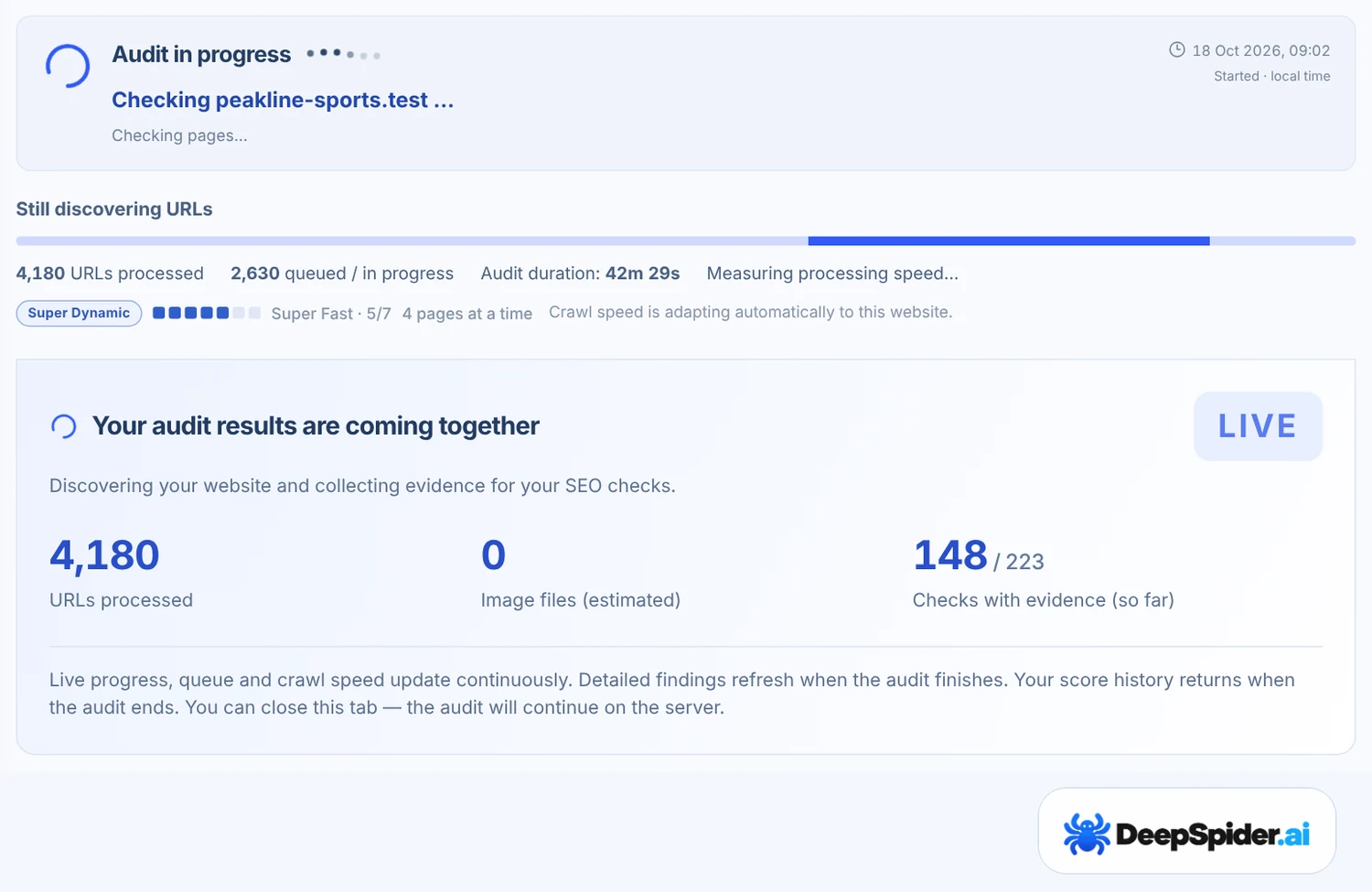 A running audit: Audit in progress, URLs processed and queued, Super Dynamic crawl speed and the LIVE box with provisional counts