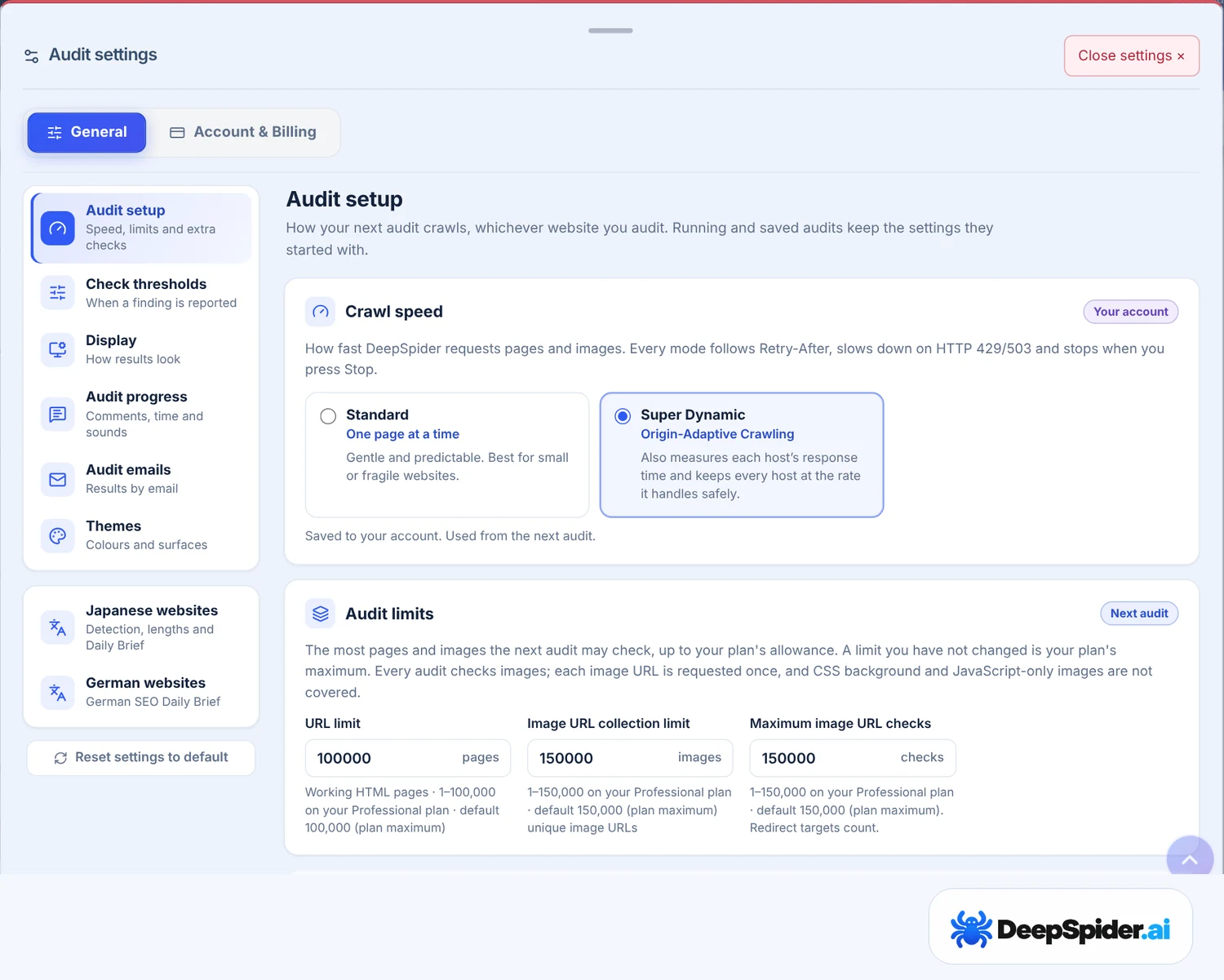 Settings window, General tab, Audit setup section with Crawl speed (Standard or Super Dynamic) and Audit limits for pages and images