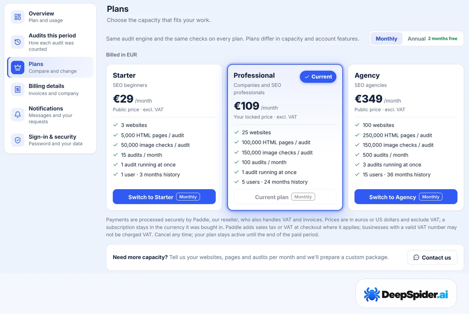 Plans in Account & Billing: Starter, Professional (current plan, locked price) and Agency with their limits and Switch buttons, a Monthly or Annual choice and a Contact us box for custom packages