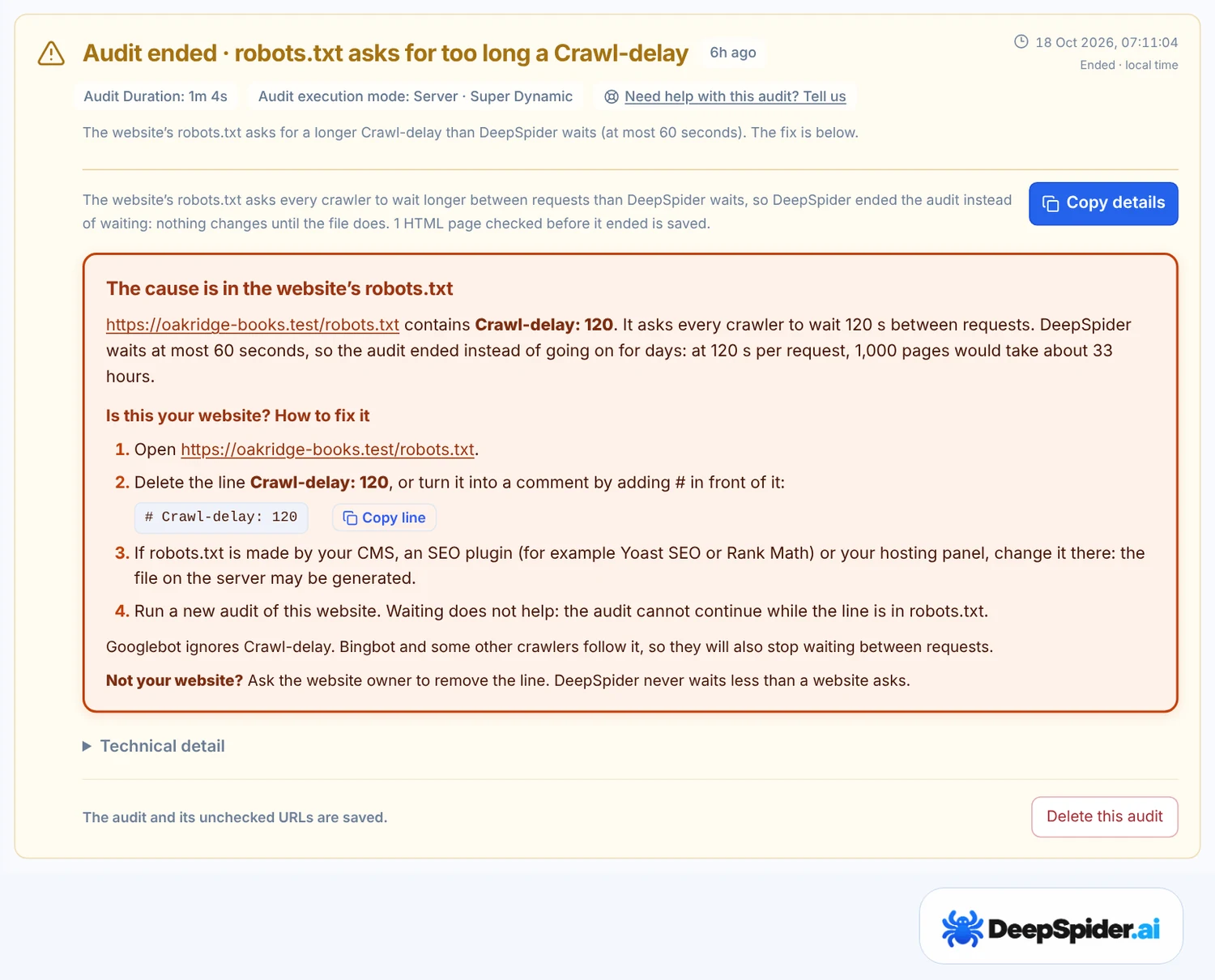 Audit ended because robots.txt asks for a Crawl-delay of 120 seconds, with the link to robots.txt and the steps to fix it