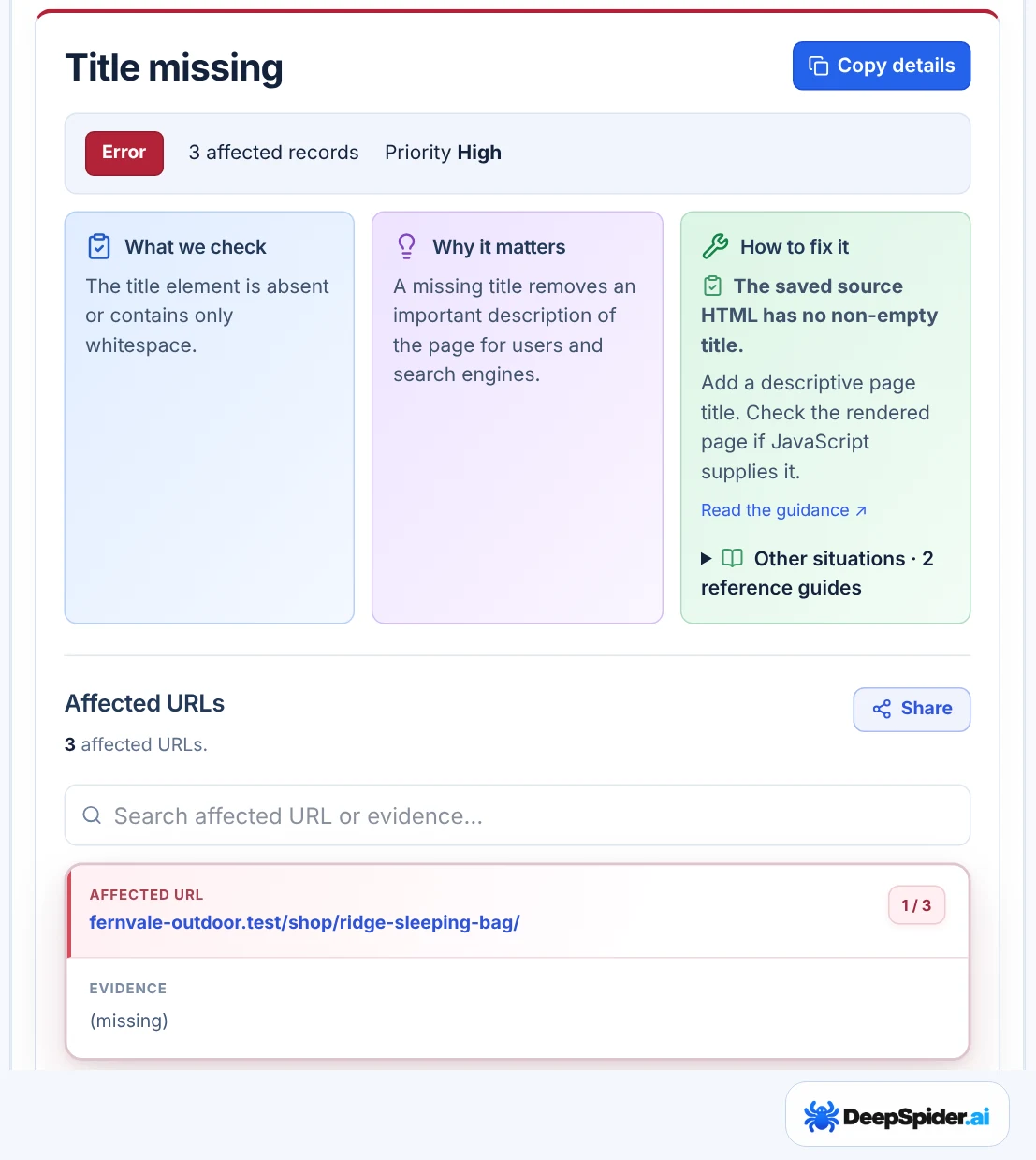 An open check, Title missing: Error, 3 affected records, What we check, Why it matters, How to fix it and the list of affected URLs with evidence