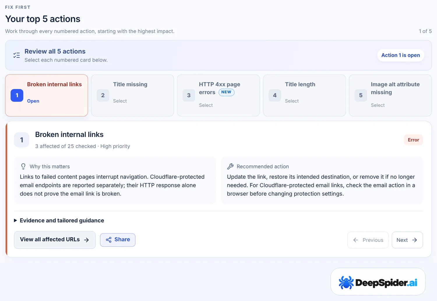 Guided view: Your top 5 actions, with the first action Broken internal links open and its reason and recommended action