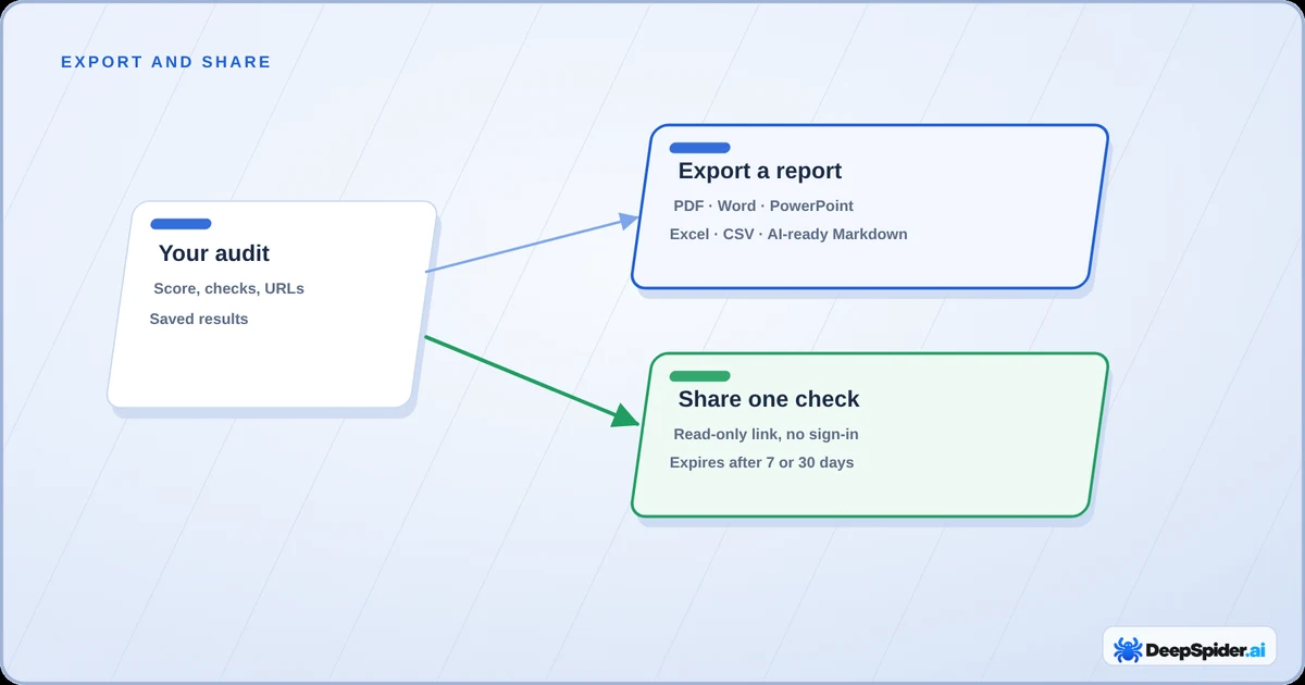 From your audit, export a report as PDF, Word, PowerPoint, Excel, CSV or AI-ready Markdown, or share one check as a read-only link that needs no sign-in and expires after 7 or 30 days.