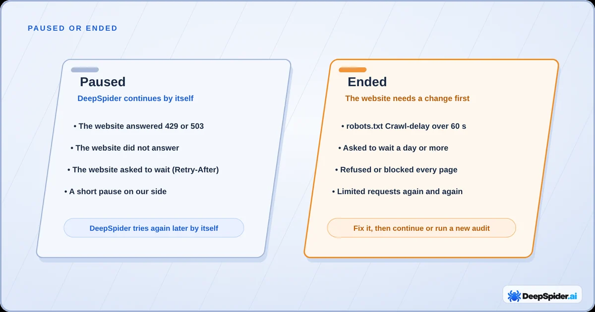 Two panels. Paused: the website answered 429 or 503, did not answer, asked to wait, or a short pause on DeepSpider’s side; DeepSpider continues by itself. Ended: robots.txt Crawl-delay over 60 seconds, a wait of a day or more, every page refused, or requests limited again and again; fix it, then continue or run a new audit.